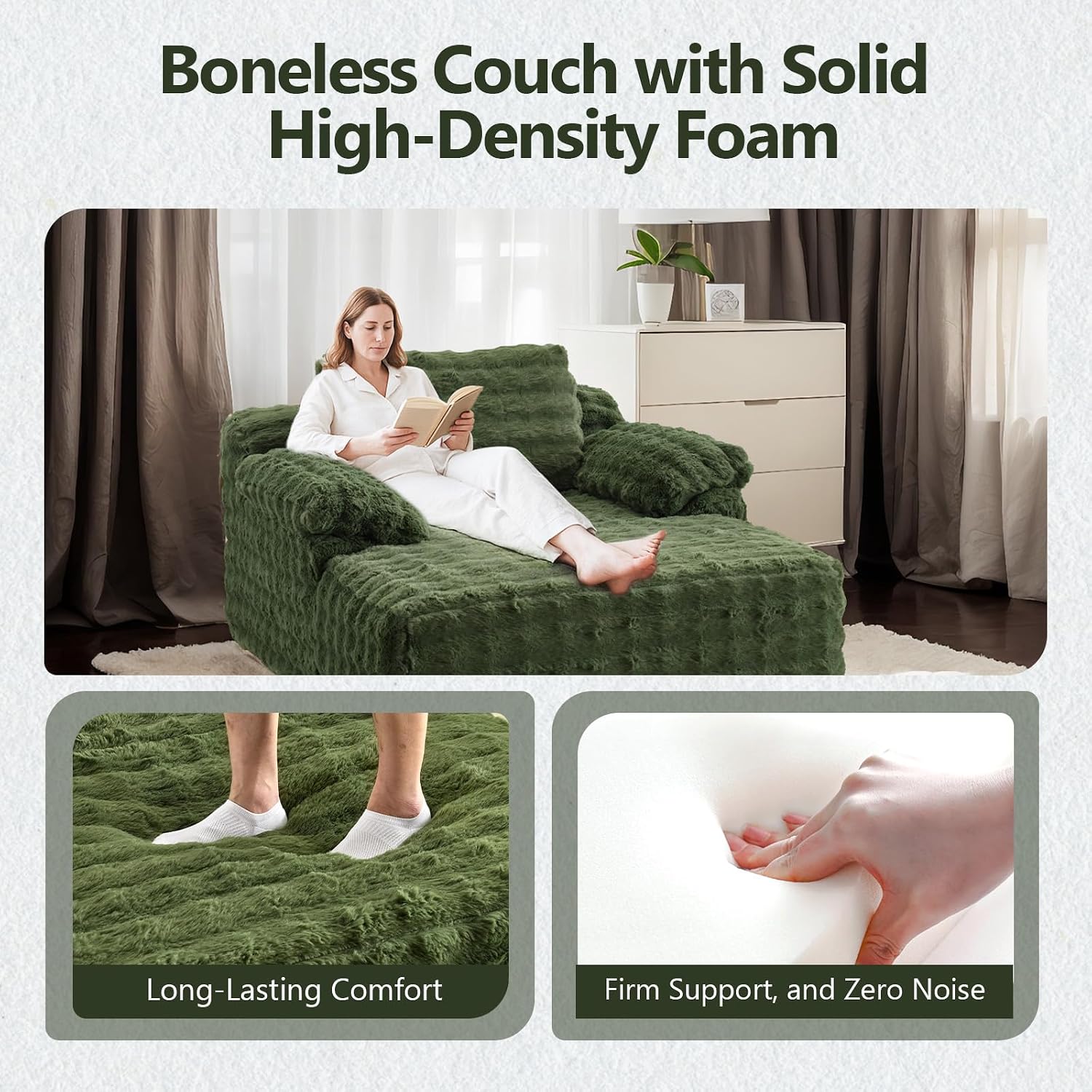 VINGLI Chaise Lounge Chair, Green Boneless Couch Oversized Reading Chair Upholstered Bubble Fleece Cloud Couch Sofa Recliner Bed Comfy Sleeper Couches for Living Room, Movie Room, Bedroom