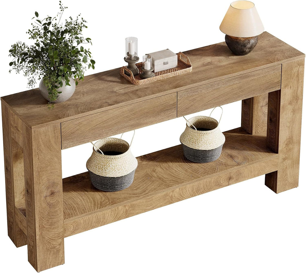 Tribesigns 63-Inch Console Table with 2 Drawers, 2-Tier Wooden Sofa Table Behind Couch, Farmhouse Entryway Console with Storage Shelf & Sturdy H-Shaped Legs for Living Room, Entrance, Hallway