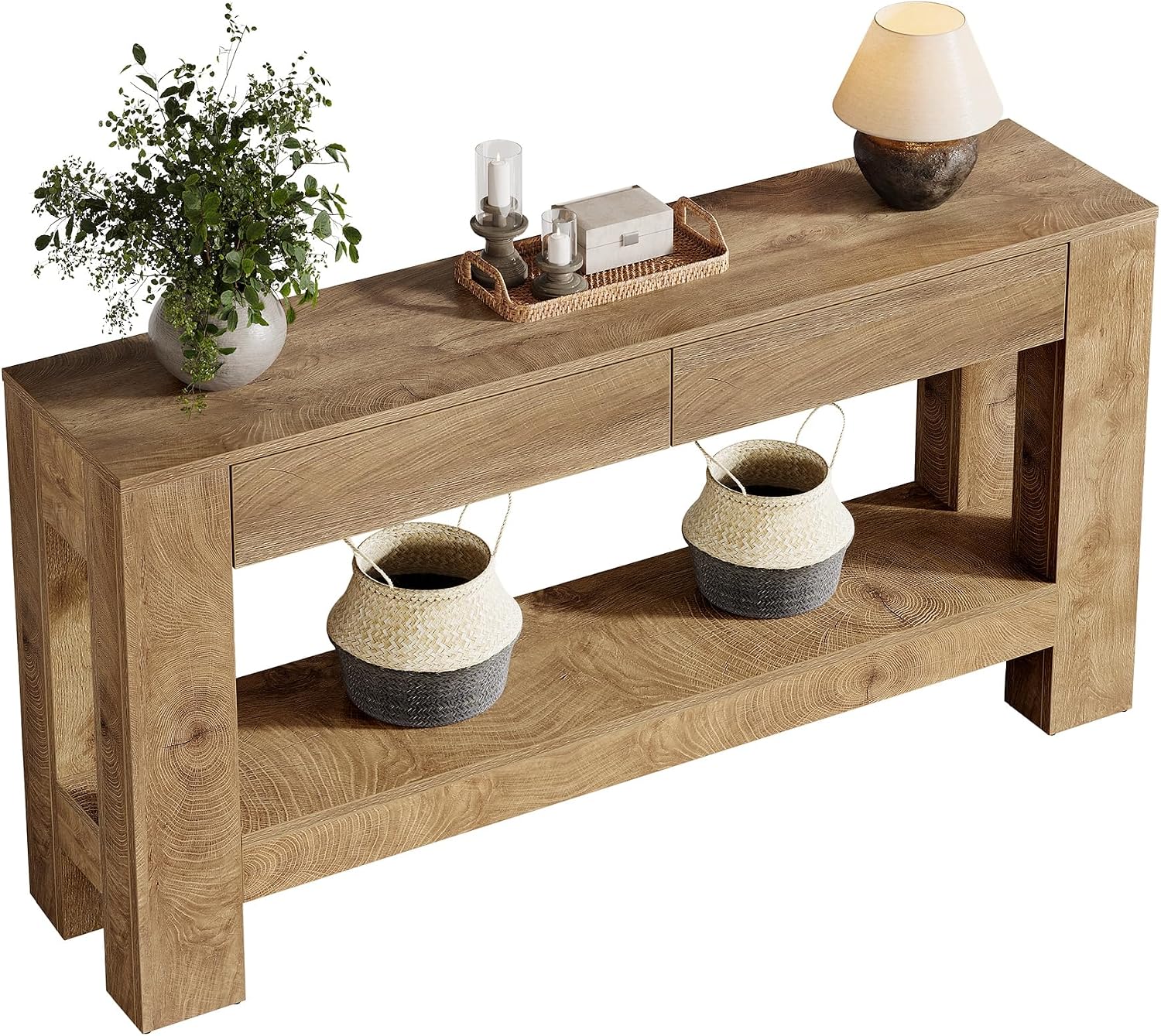 Tribesigns 63-Inch Console Table with 2 Drawers, 2-Tier Wooden Sofa Table Behind Couch, Farmhouse Entryway Console with Storage Shelf & Sturdy H-Shaped Legs for Living Room, Entrance, Hallway
