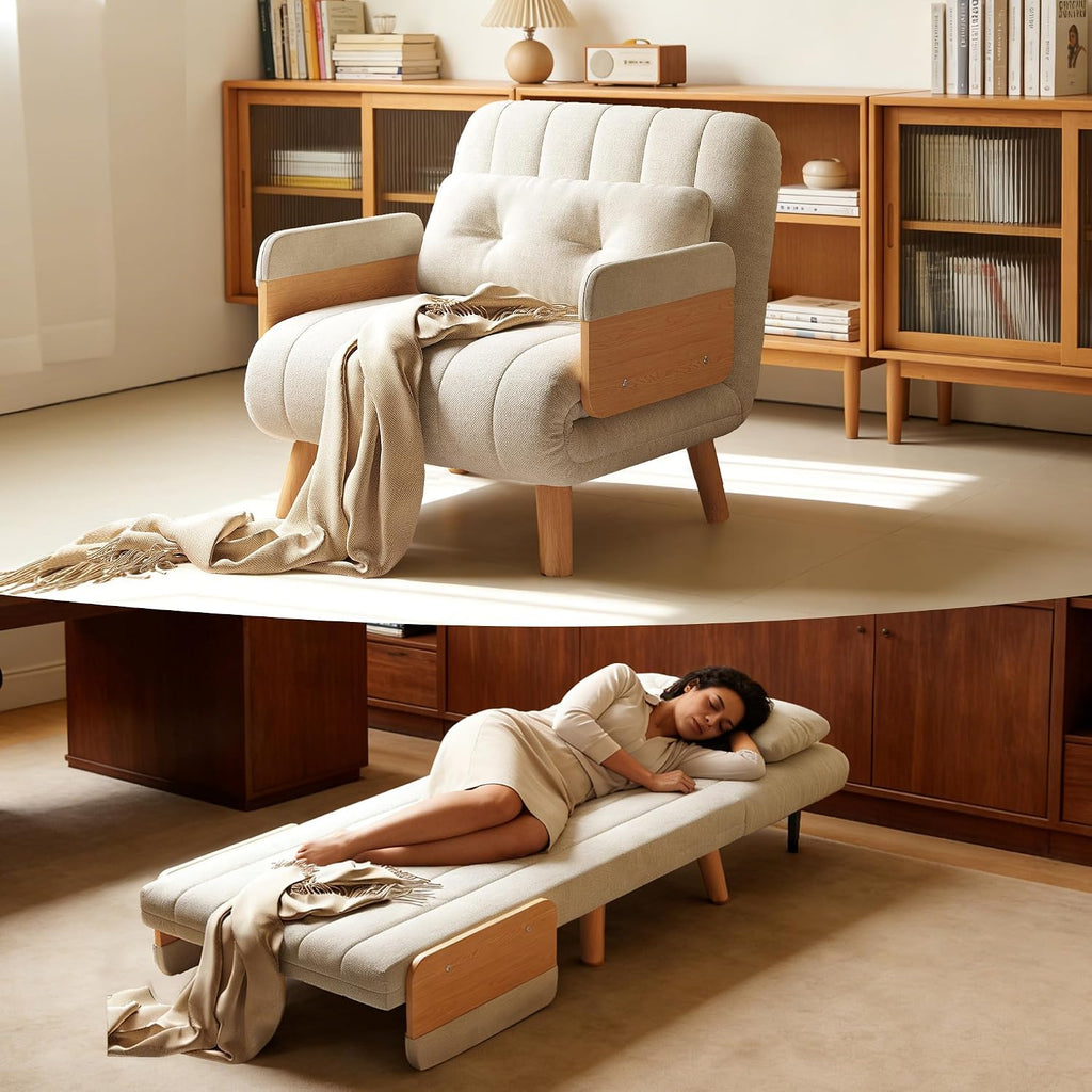 Convertible Lounger Fold-Out Sofa Bed, 3-in-1 Sleeper Sofa，Adjustable Backrest, Modern-Style Sofa for Small Spaces, Bedrooms & Offices(Beige,35.43)