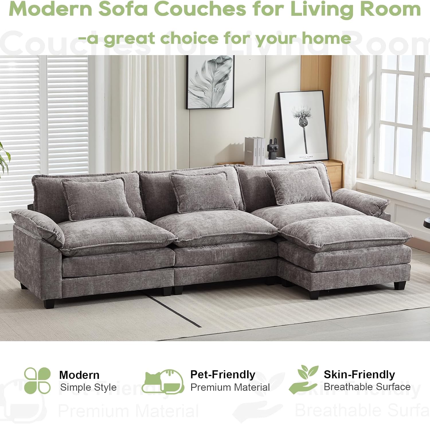 Oprisen 120' Modular Sectional Sofa, Comfy Cloud Couch Sectional Sofa with Ottoman, Chenille Sofa Sleeper Deep Seat Sofa with Throw Pillows for Living Room (Light Gray, 120'- L Shape)