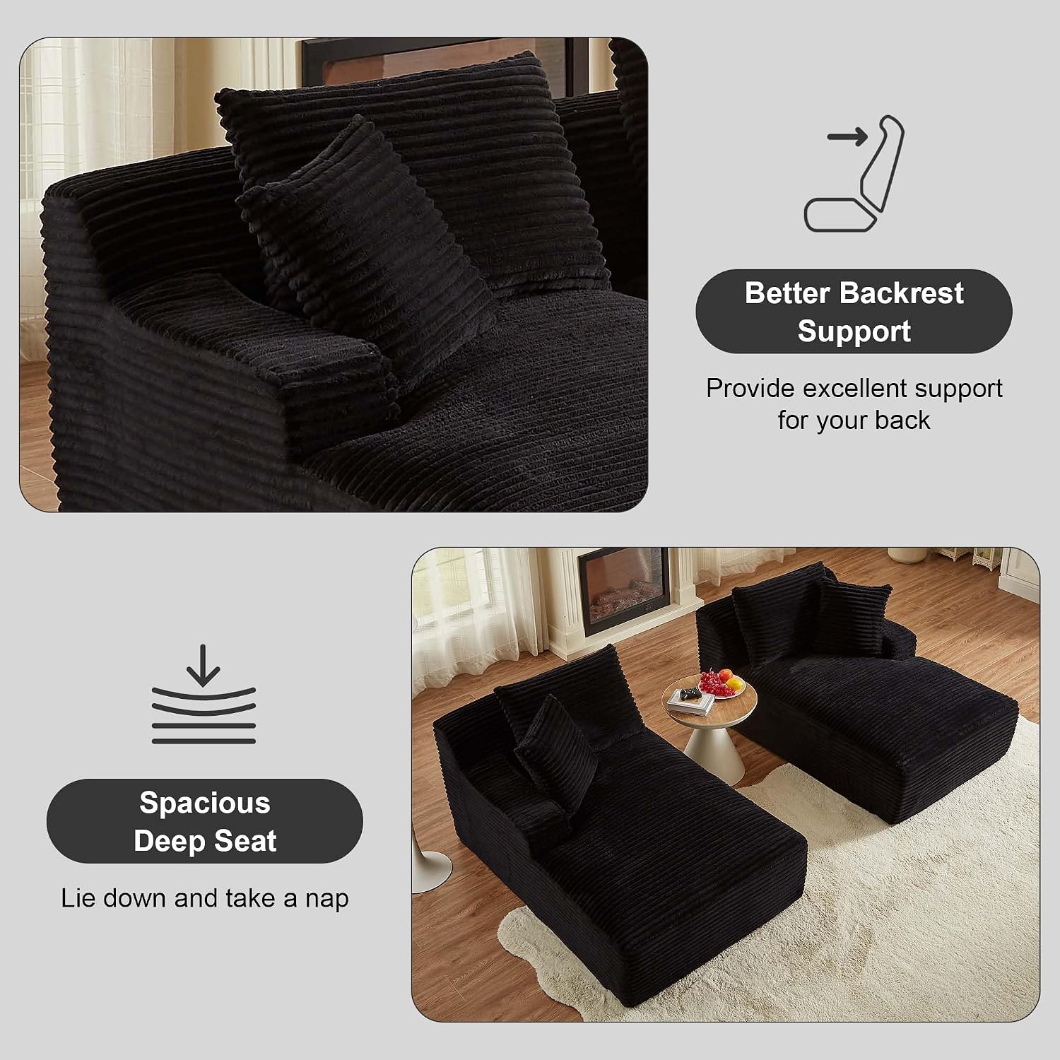 Tmsan 78.8' Oversized Double Chaise Lounge Sofa Indoor, Corduroy Boneless Couch Bed Comfy Foam Compressed Cloud Loveseat Sleeper Chair for Living Room Apartment Office
