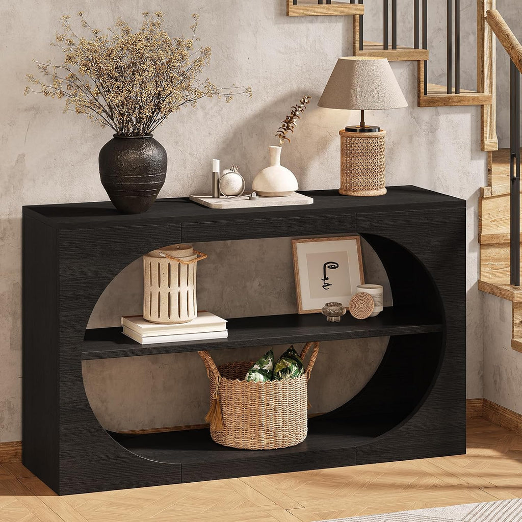 55-Inch Entryway Table with Storage, 3-Tier Console Tables, Behind Couch Table Wood Narrow Console Tables for Entryway, Living Room, Foyer, Hallway, Entry (Black)
