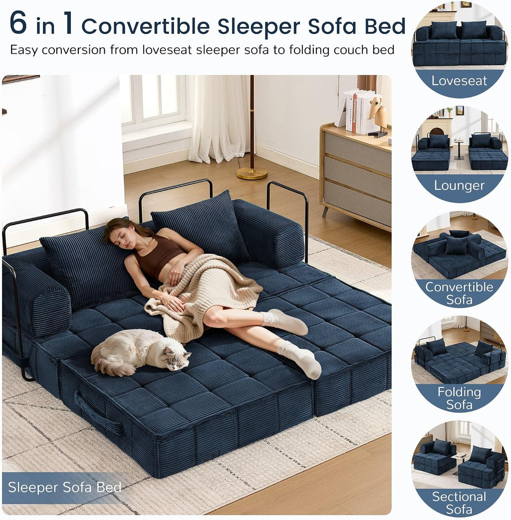 Korser Folding Convertible Sofa Bed, Corduroy Upholstered Boneless Couch, Small Sectional Cloud Couch, Loveseat Sleeper Sofa, Modular Futon Floor Sofa Couch for Living Room Bedroom Lounge, No Assembly