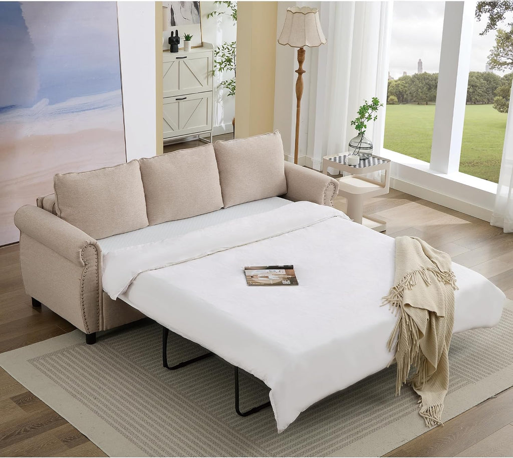 81.5'' Pull Out Couch Queen Size, Convertible Sleeper Sofa Bed, Upholstered Linen 3-Seater Sofa with Pull Out Bed, Mattress, Rivet, Deep Couches for Living Room, Apartment, Beige