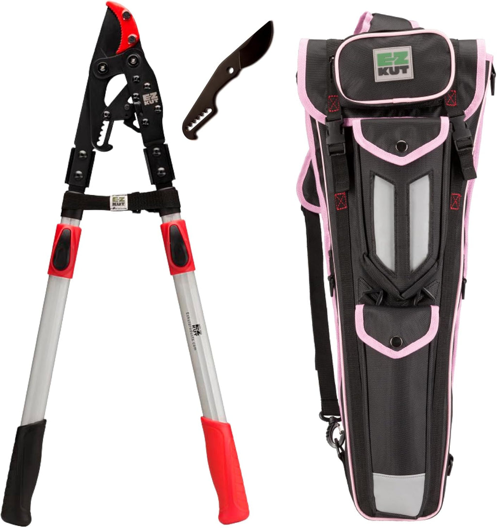 EZ Kut Tree Trimming Combo Kit – Includes 42' Extendable Ratcheting Lopper + Sling Pak Sheath + Bonus Replacement Blade – Heavy Duty Garden Tools Set, Pruning Shears for Thick Branches (Pink Pack)