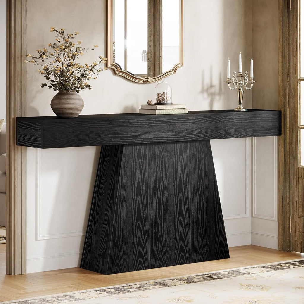 Tribesigns 63' Black Console Table, Farmhouse Entryway Table with Trapezoidal Base, Narrow Long Wood Sofa Table Behind Couch Table for Entrance, Hallway, Living Room, Black