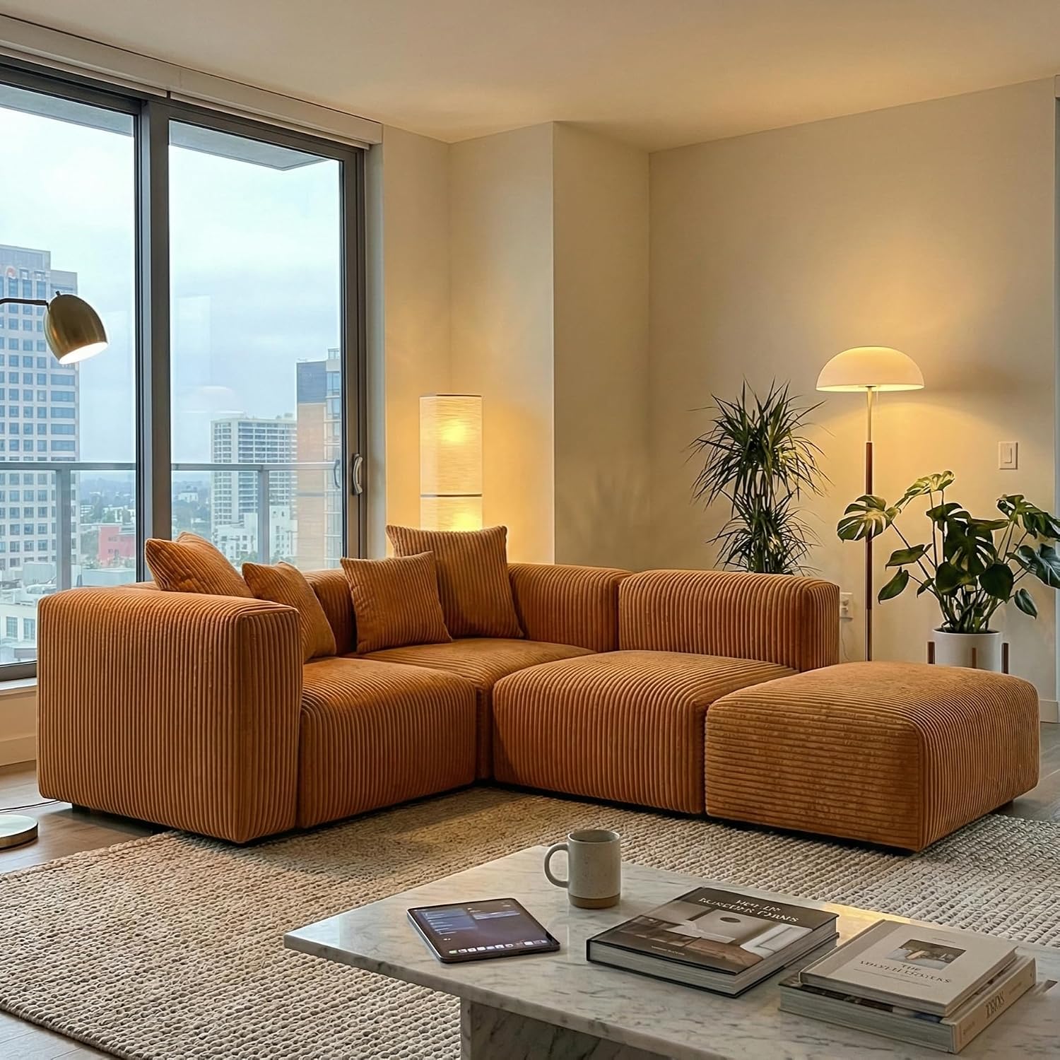 Acanva Convertible Modular Sectional Sofa with Movable Ottomans, Free Combination Corduroy Couch for Living Room Apartments, L-Shaped, Yellow