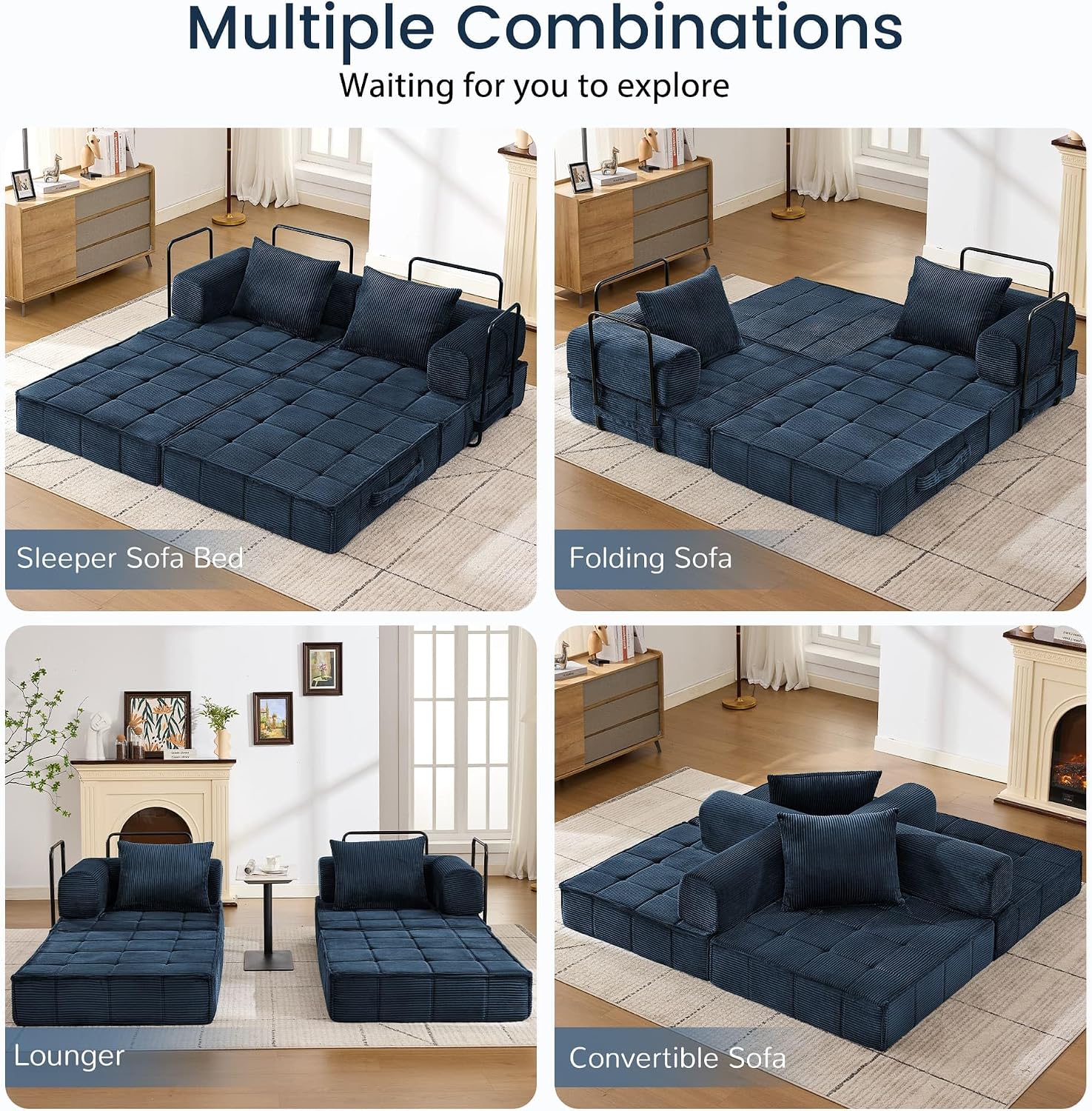 Korser Folding Convertible Sofa Bed, Corduroy Upholstered Boneless Couch, Small Sectional Cloud Couch, Loveseat Sleeper Sofa, Modular Futon Floor Sofa Couch for Living Room Bedroom Lounge, No Assembly
