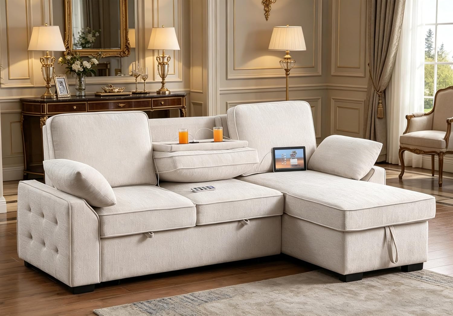 ERYE L-Shaped Pull Out Sleeper Couch Bed, Modern Chenille Upholstered Button Tufted Corner Couch Reversible Sectional Sleeper Sofa Bed W/Storage Chaise, Cup Holders