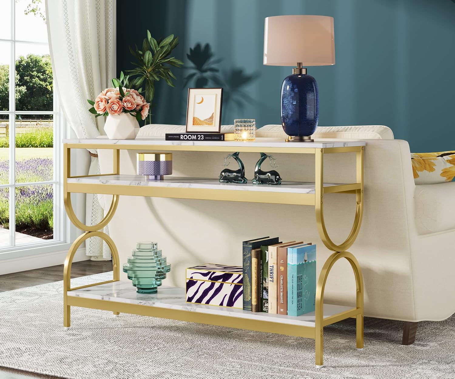 Tribesigns 3-Tier Console Table, 55 inch Sofa Table with Open Storage Shelves, Narrow Long Hallway/Entryway Table with Faux Marble Top for Home Living Room Entryway, White & Gold