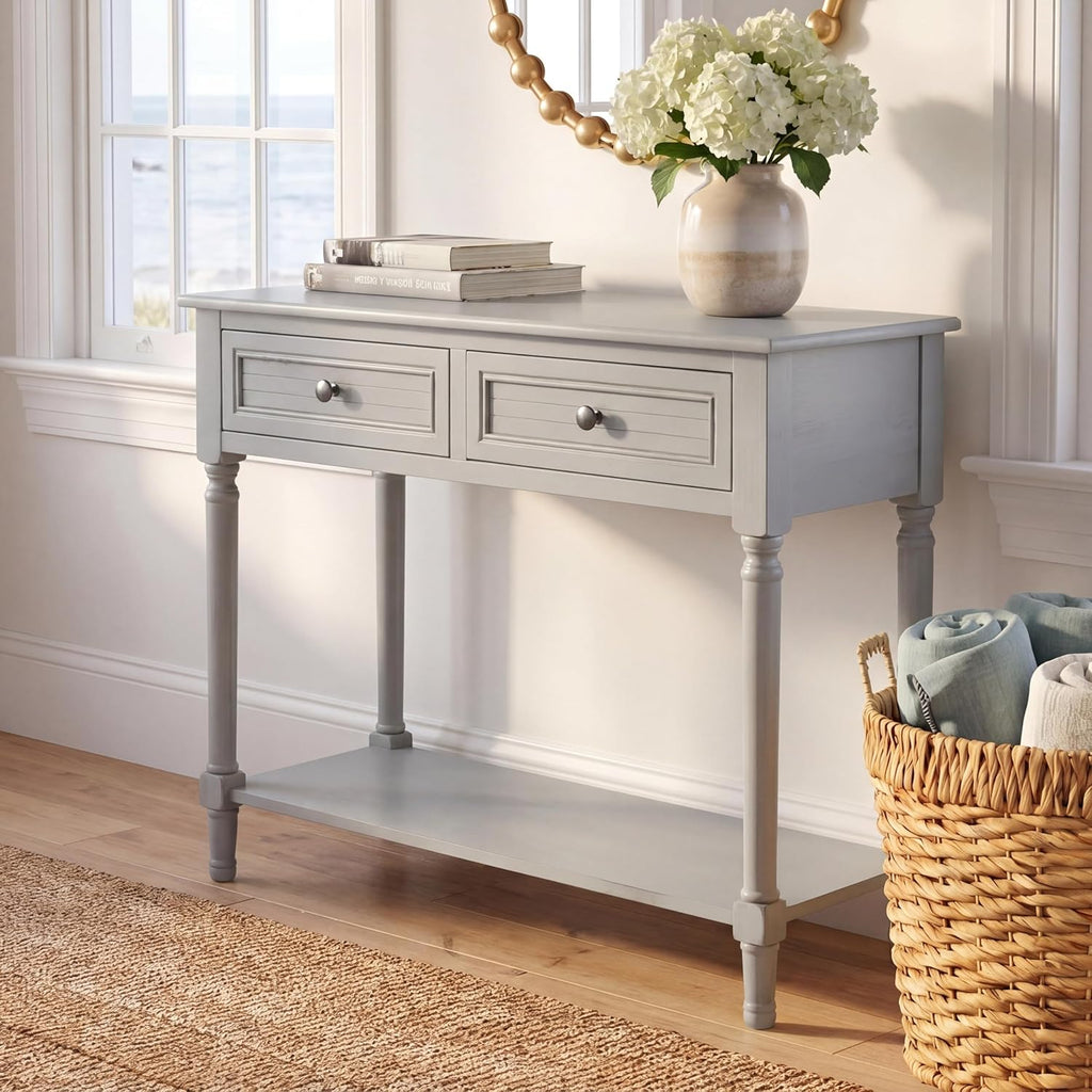 SAFAVIEH Home Collection – Tate Distressed Grey 2-Drawer Console Table with Shelf, Turned Leg Farmhouse Accent Console for Entryway or Living Room (CNS5720C)