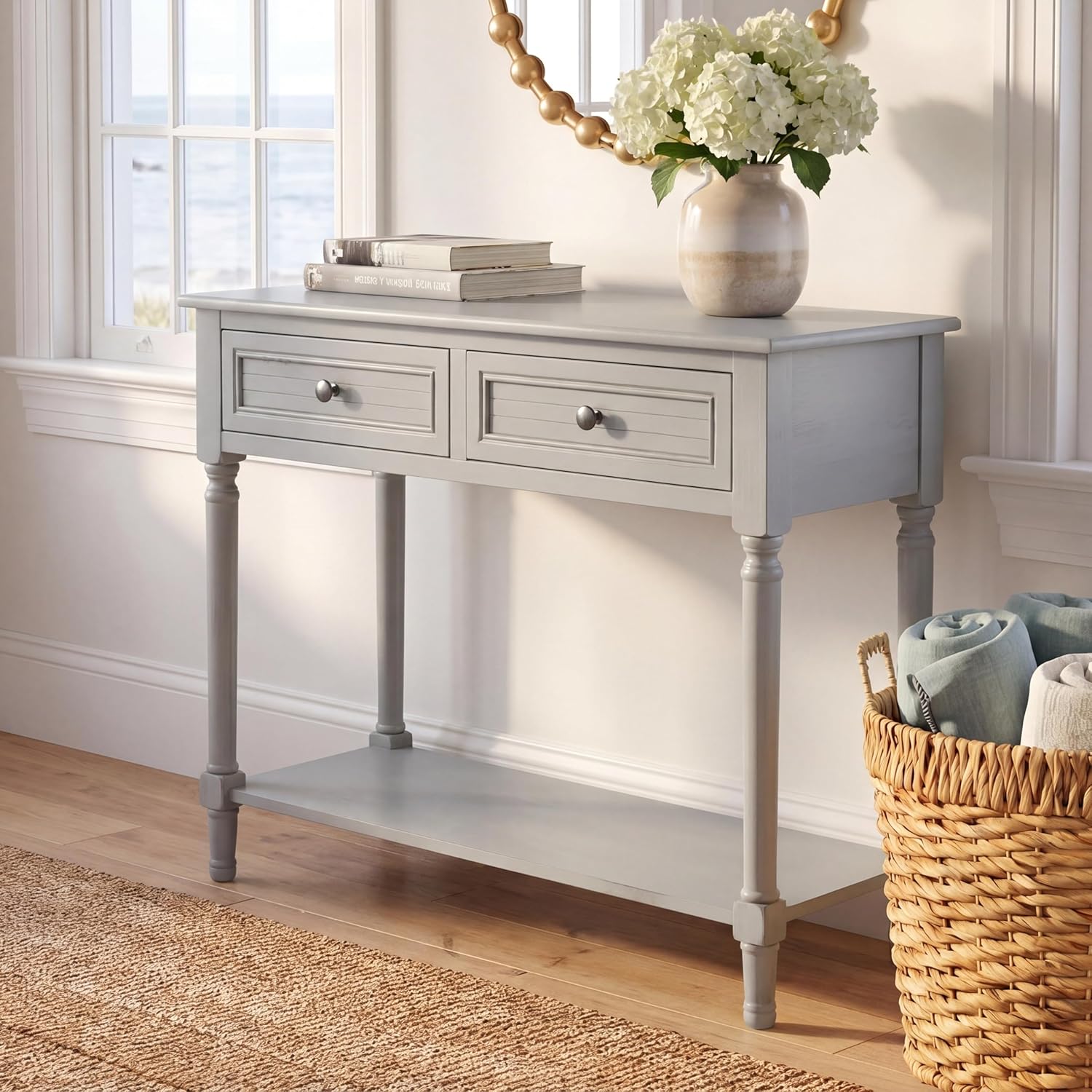 SAFAVIEH Home Collection – Tate Distressed Grey 2-Drawer Console Table with Shelf, Turned Leg Farmhouse Accent Console for Entryway or Living Room (CNS5720C)
