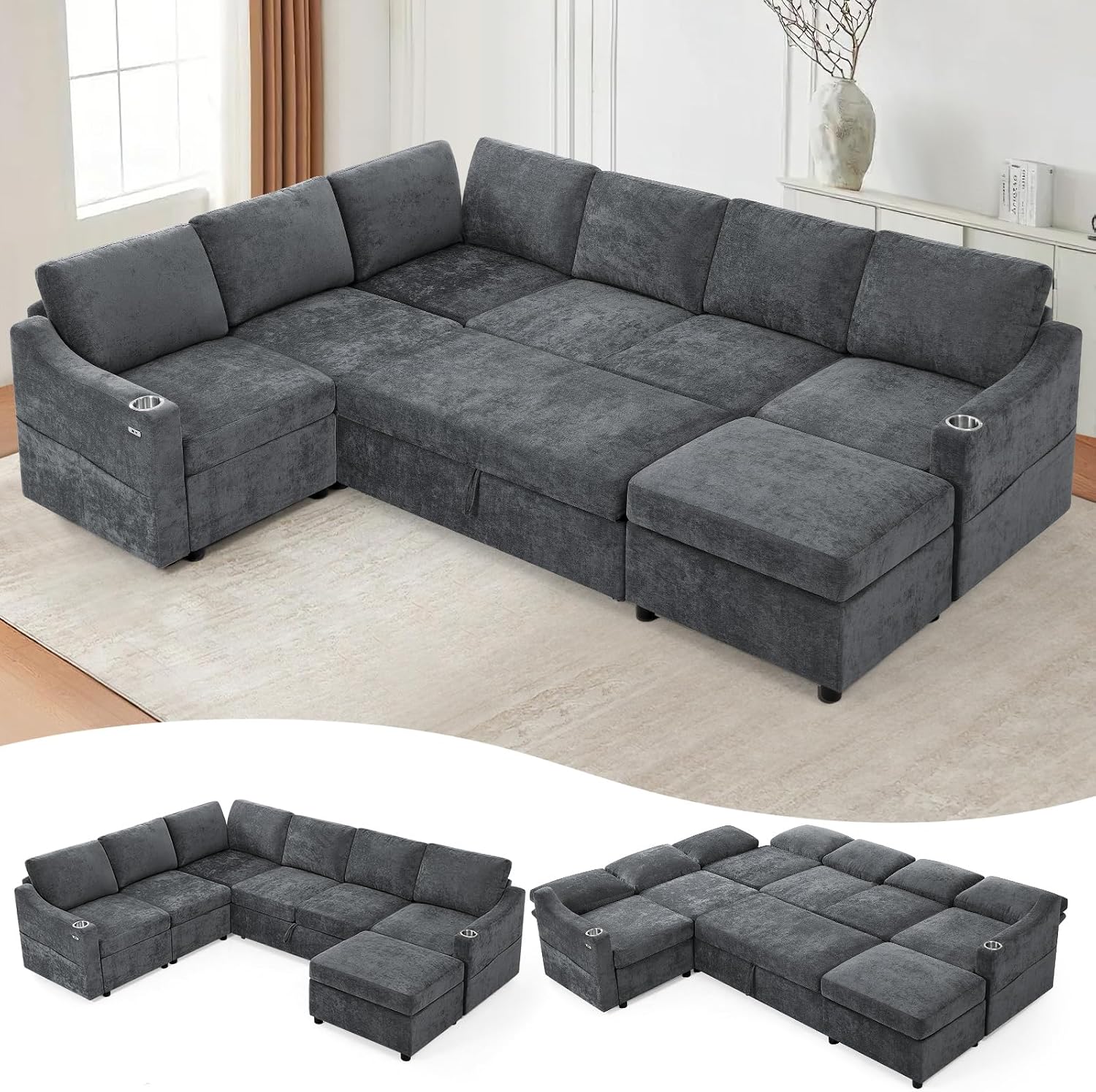 116' Chenille Modular Sofa Bed w/Adjustable Backrests, U-Shape Sleeper Sofa w/USB Ports & Storage Space, Convertible Corner Sectional Couch w/Pull Out Bed for House, Living Room, Grey