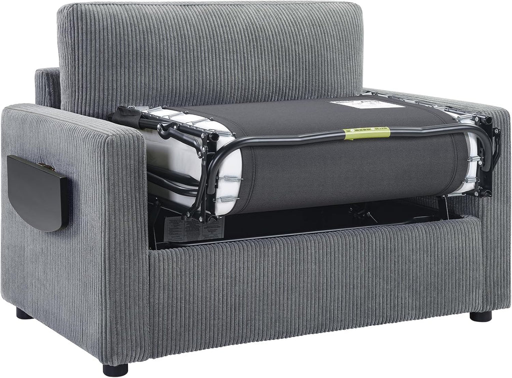 Twin Size Sofa Bed 47.2' Sleeper Sofa Loveseat Sofa with a Foldable Mattress, a Foldable Side Table, a Side Storage Pocket and Two USB Ports for Living Room, Gray