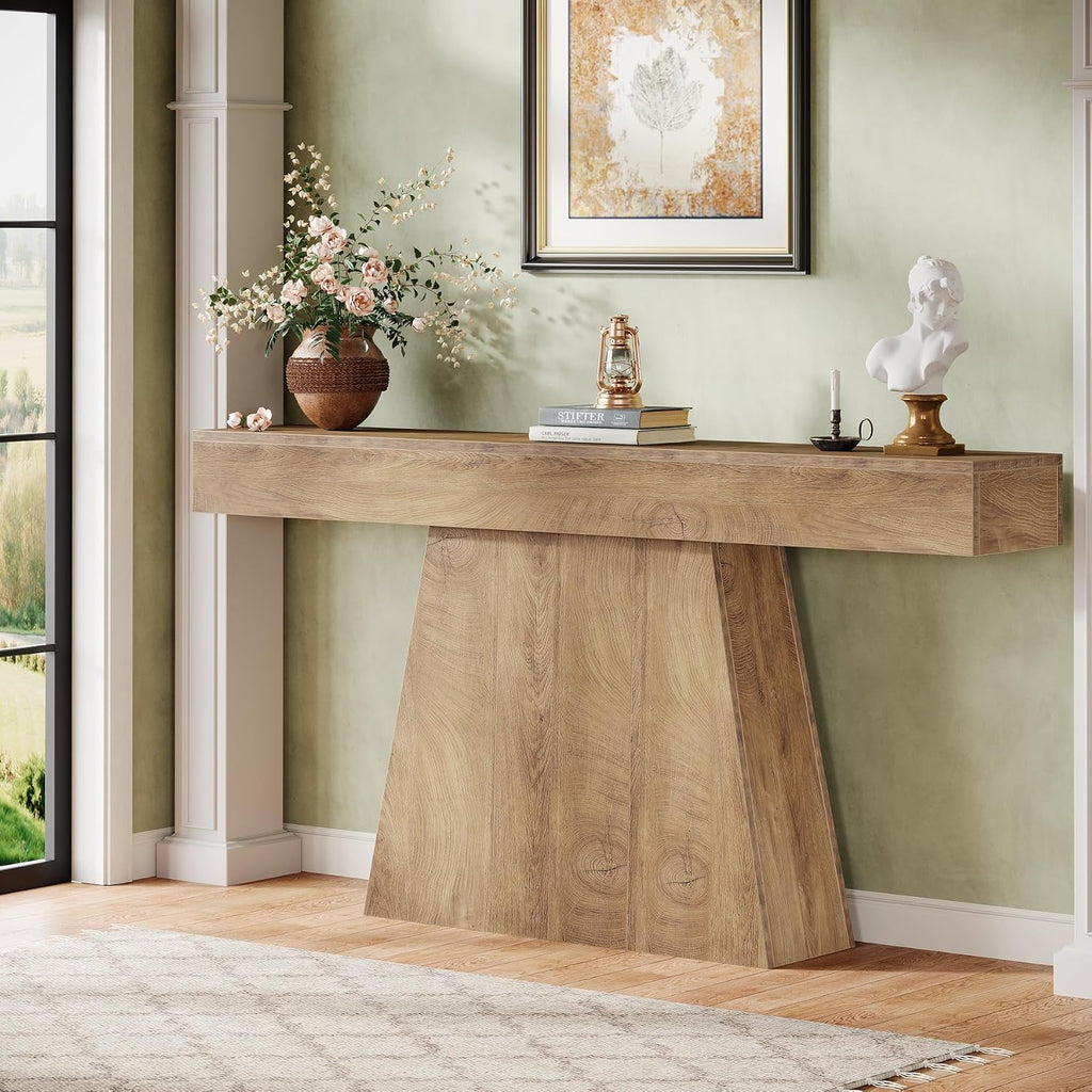 Tribesigns 63' Console Table, Farmhouse Entryway Table with Trapezoidal Base, Narrow Long Wood Sofa Table Behind Couch Table for Entrance, Hallway, Living Room, Natural