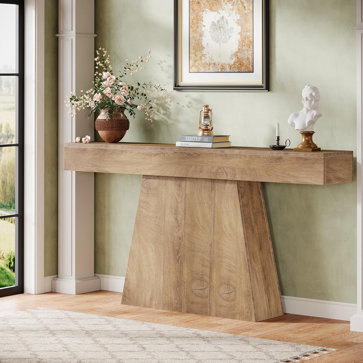 Tribesigns 63' Console Table, Farmhouse Entryway Table with Trapezoidal Base, Narrow Long Wood Sofa Table Behind Couch Table for Entrance, Hallway, Living Room, Natural