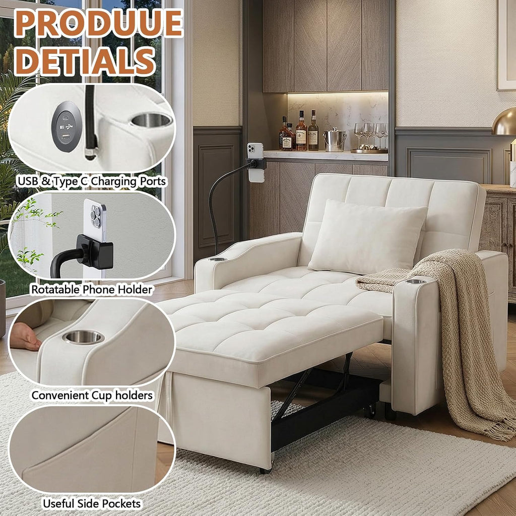 Majnesvon Modern Velvet Fabric Sofa Bed Futon,3 in 1 Convertible Pullout Bed Couches with 3 Reclining Backrests,Phone Stand,Small Sofa Single Sleeper Chair Bed for Living Room Bedroom (Beige)