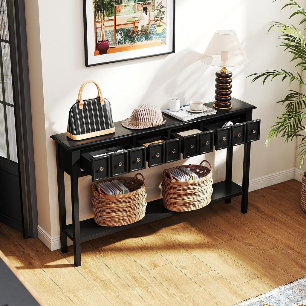 Giantex 60' Entryway Table, Long Narrow Console Table with 4 Drawers and Open Storage Shelf, Modern Slim Entry Tables, Farmhouse Wooden Sofa Tables with Anti-Tip Kit for Living Room, Hallway (Black)
