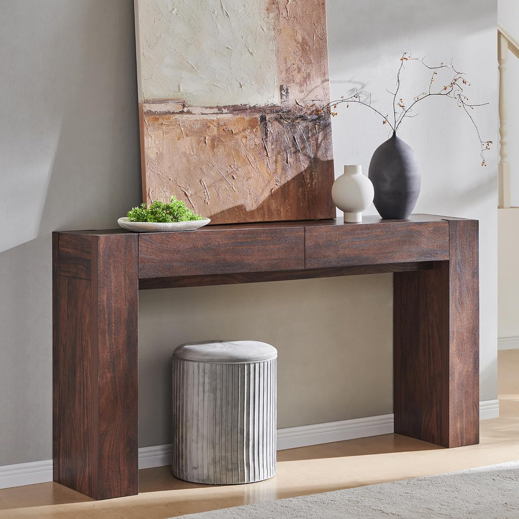 OKD Modern Entryway Console Table, Sofa Table with Drawers, 63' Long Hall Table Behind Couch, Thick Wood Design for Living Room, Hallway - Dark Walnut