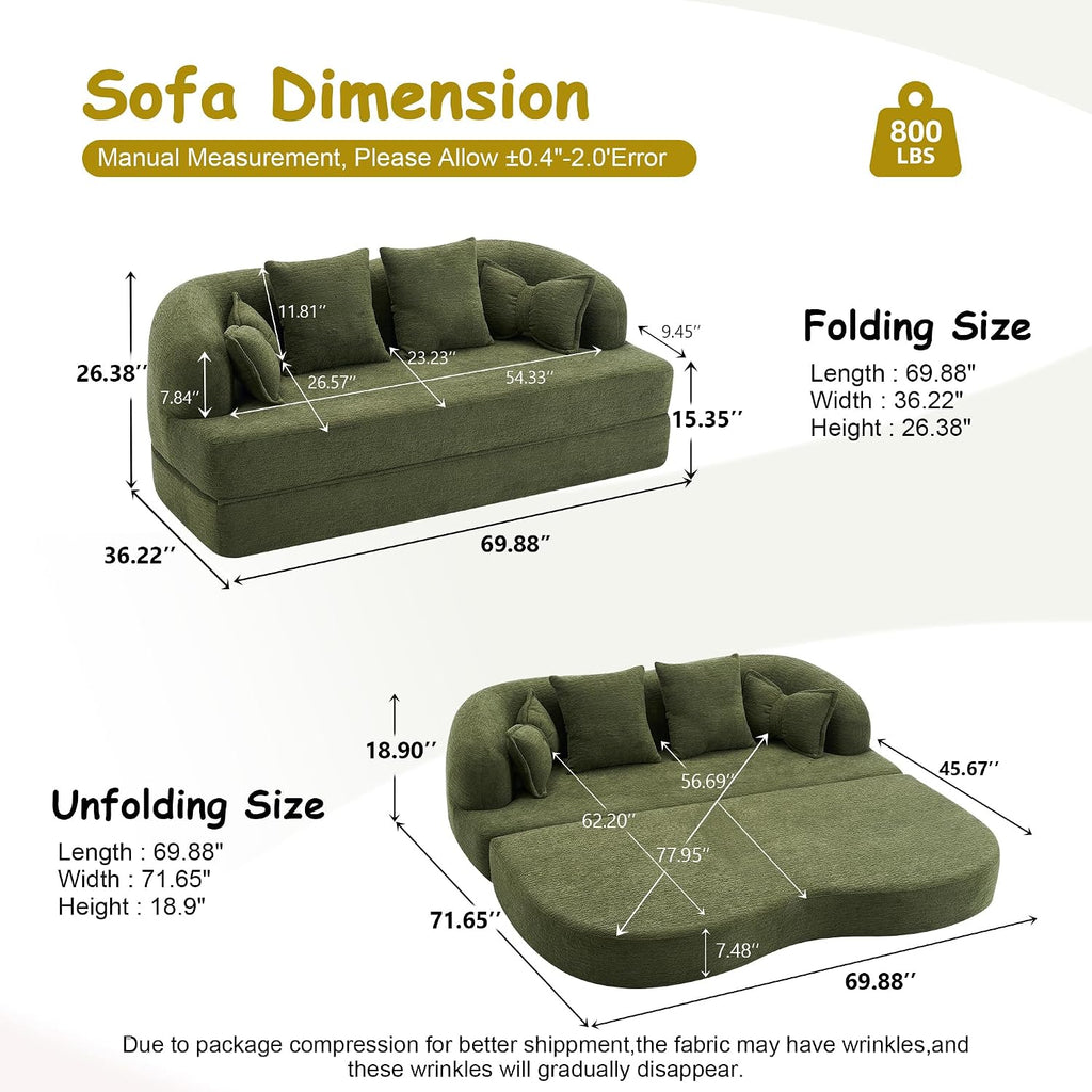 70' Convertible Sofa Bed, 2-in-1 Boneless Sleeper Sofa, Soft Chenille Folding Sofa Loveseat with 4 Pillows, Love Seat Small Couch for Small Spaces, Living Room, Bedroom, No Assembly