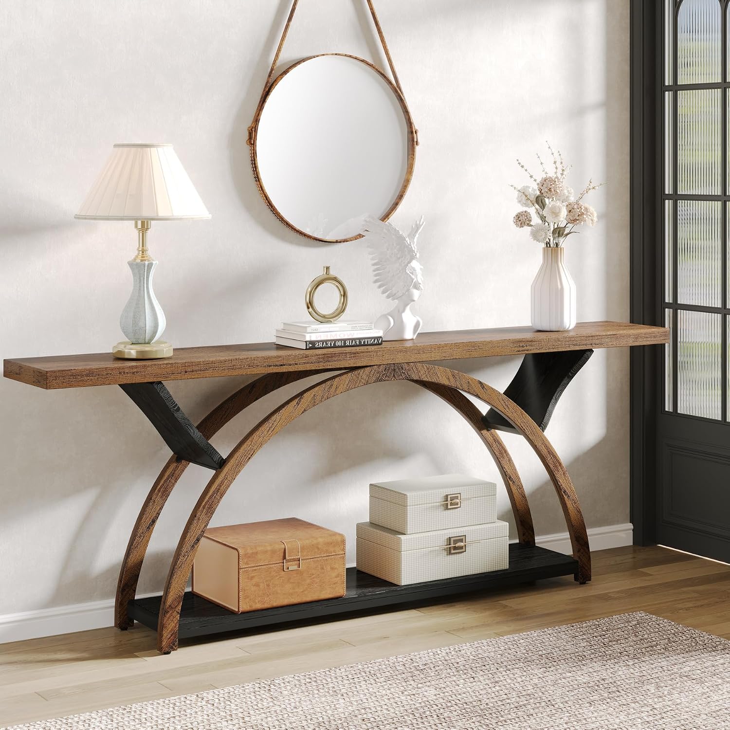 Tribesigns 70.87' Console Table with Storage Shelf, Narrow Long Sofa Table Behind Couch Table, 2-Tier Rustic Entryway Table with Half Moon Frame for Hallway Living Room (Brown & Black)