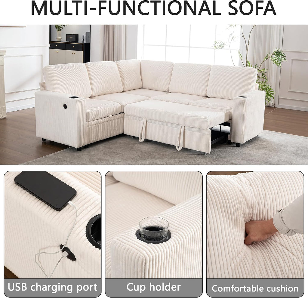 Modular Sectional Sleeper Sofa with Pull Out Bed, L Shaped Couch with Storage Chaise, USB Ports and Cup Holders, Comfy Corduroy Sectional Couches for Living Room, Bedroom and Apartment