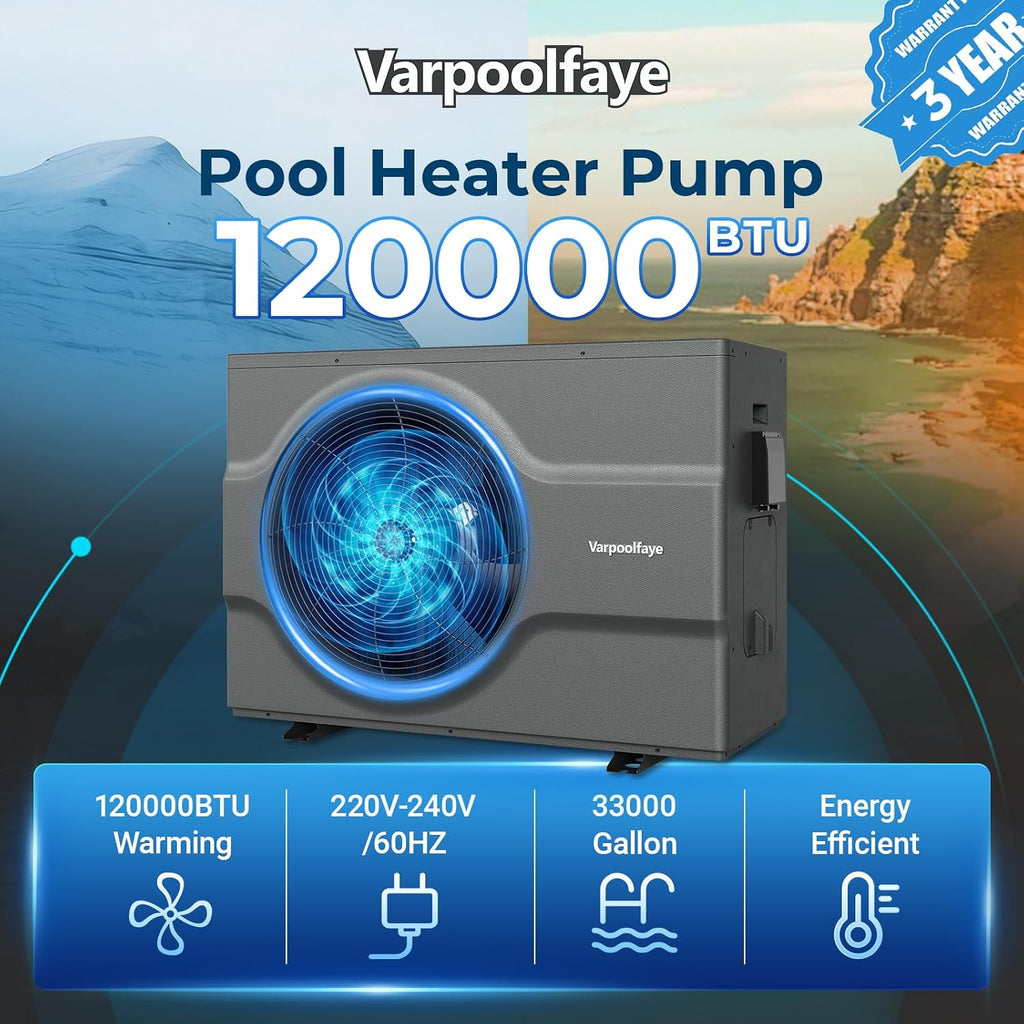 Inverter Electric Pool Heater for Inground Pool 120000 BTU Swimming Pool Heat Pump Above Ground Pool Heater 220V 33000 Gallon Heating or Cooling WiFi Control Schedule