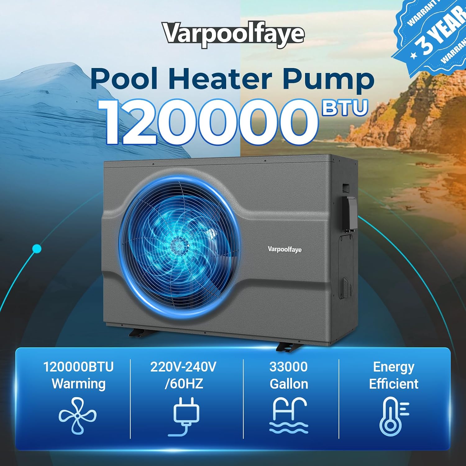 Inverter Electric Pool Heater for Inground Pool 120000 BTU Swimming Pool Heat Pump Above Ground Pool Heater 220V 33000 Gallon Heating or Cooling WiFi Control Schedule