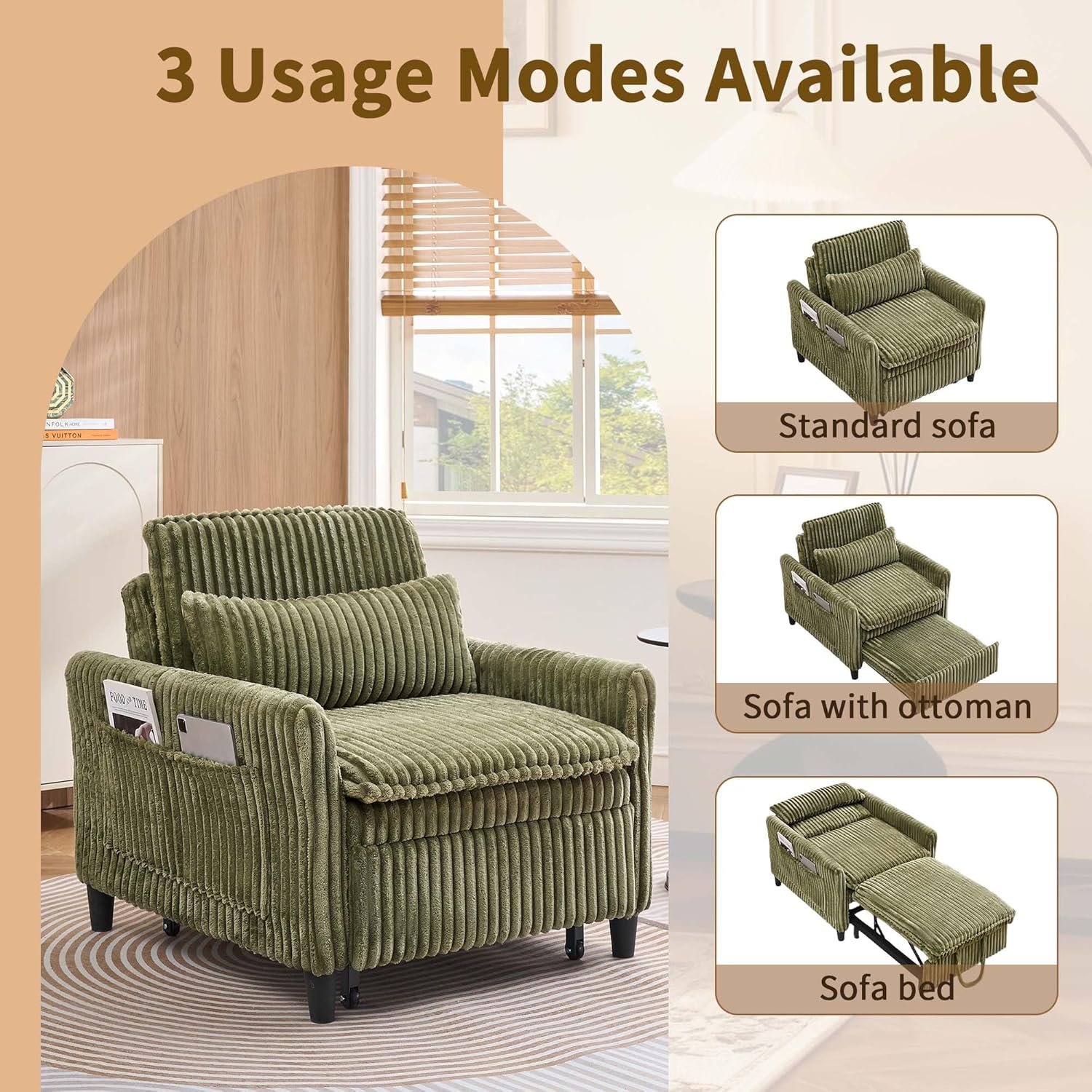 Majnesvon Modern Corduroy Fabric Sofa Bed Futon,3 in 1 Convertible Pullout Bed Sleeper Couches with 3 Reclining Backrests,Small Sofa Chair Bed for Living Room Bedroom (Green)