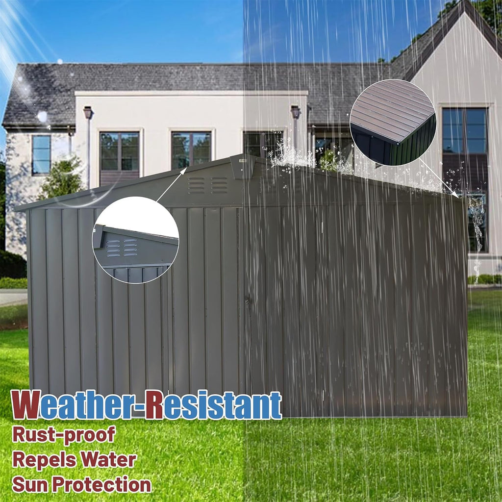 11x9FT Outdoor Storage Shed, with Sloping Roof Galvanized, Latches and Lockable Door, Steel Frame Garden Shed Metal Utility Tool Storage Room for Balcony