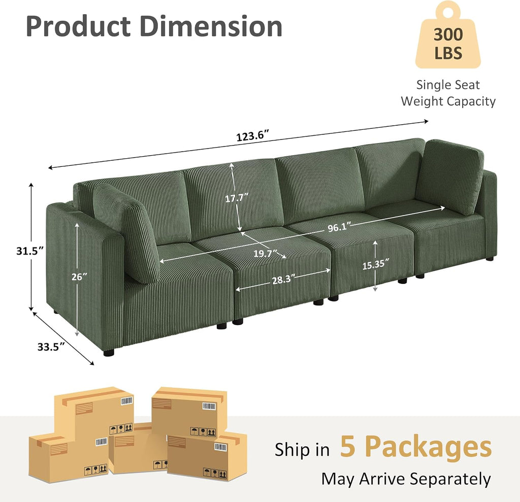 123.6' Modular Sectional Sofa, Corduroy Reversible Small Sectional Sofa Bed with Chaise, 4 Seater Convertible Modular Loveseat Single Sofa Set Free Combination Couch for Living Room Bedroom Apartments
