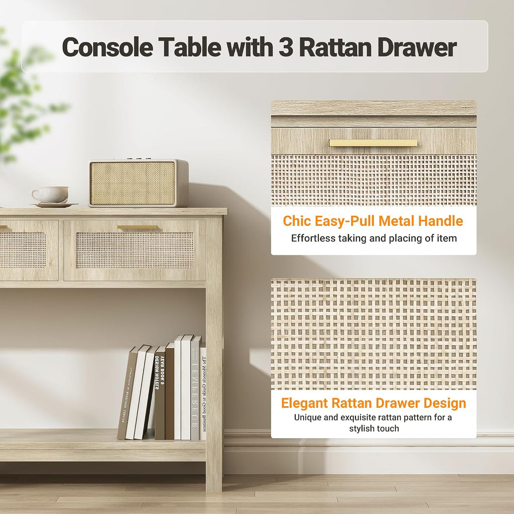 ELYKEN Rattan 51.2' Console Table with 3 Drawer, Entryway Table with Drawer & Shelf, Boho Sofa Table Behind Couch Foyer for Living Room, Hallway, Natural Wood
