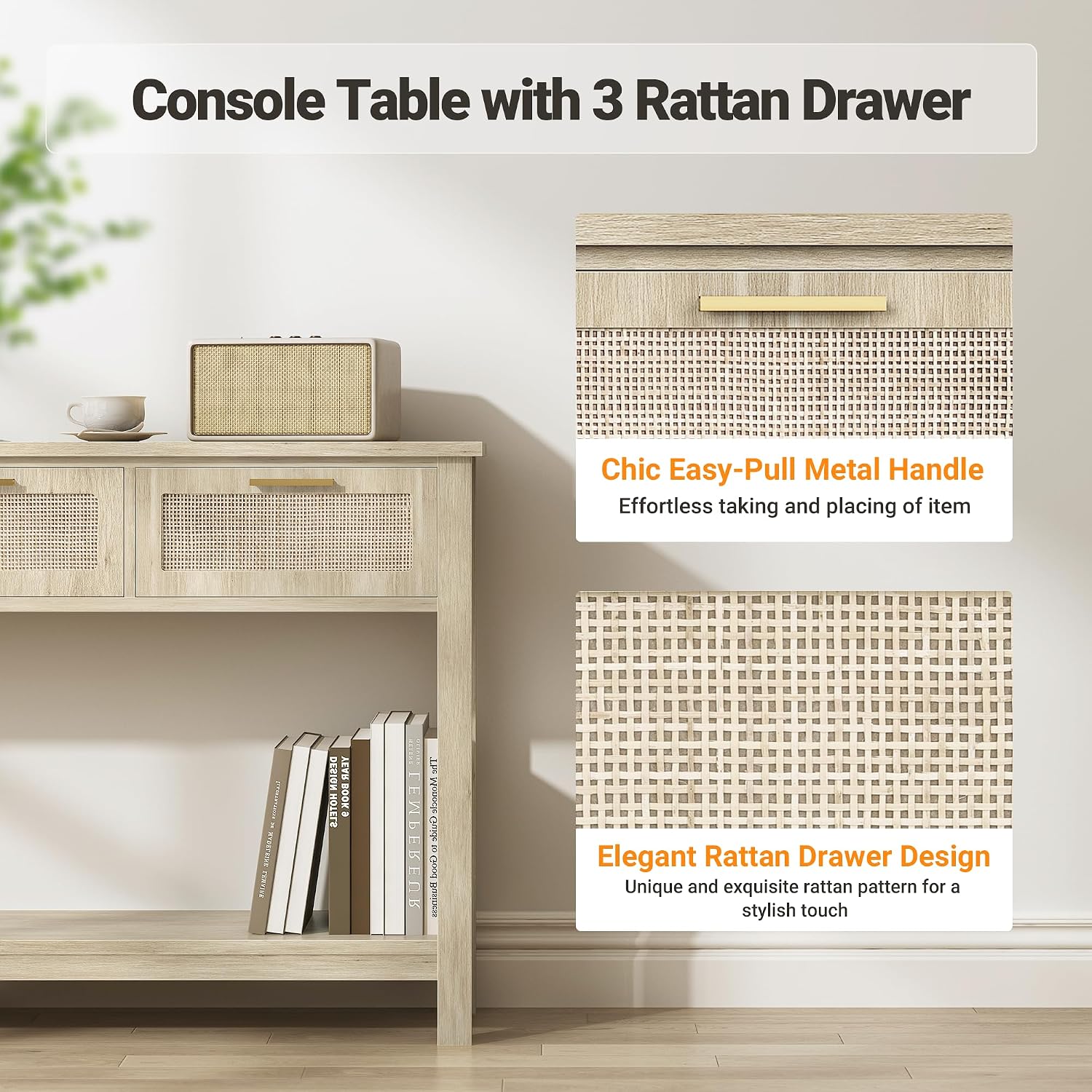 ELYKEN Rattan 51.2' Console Table with 3 Drawer, Entryway Table with Drawer & Shelf, Boho Sofa Table Behind Couch Foyer for Living Room, Hallway, Natural Wood