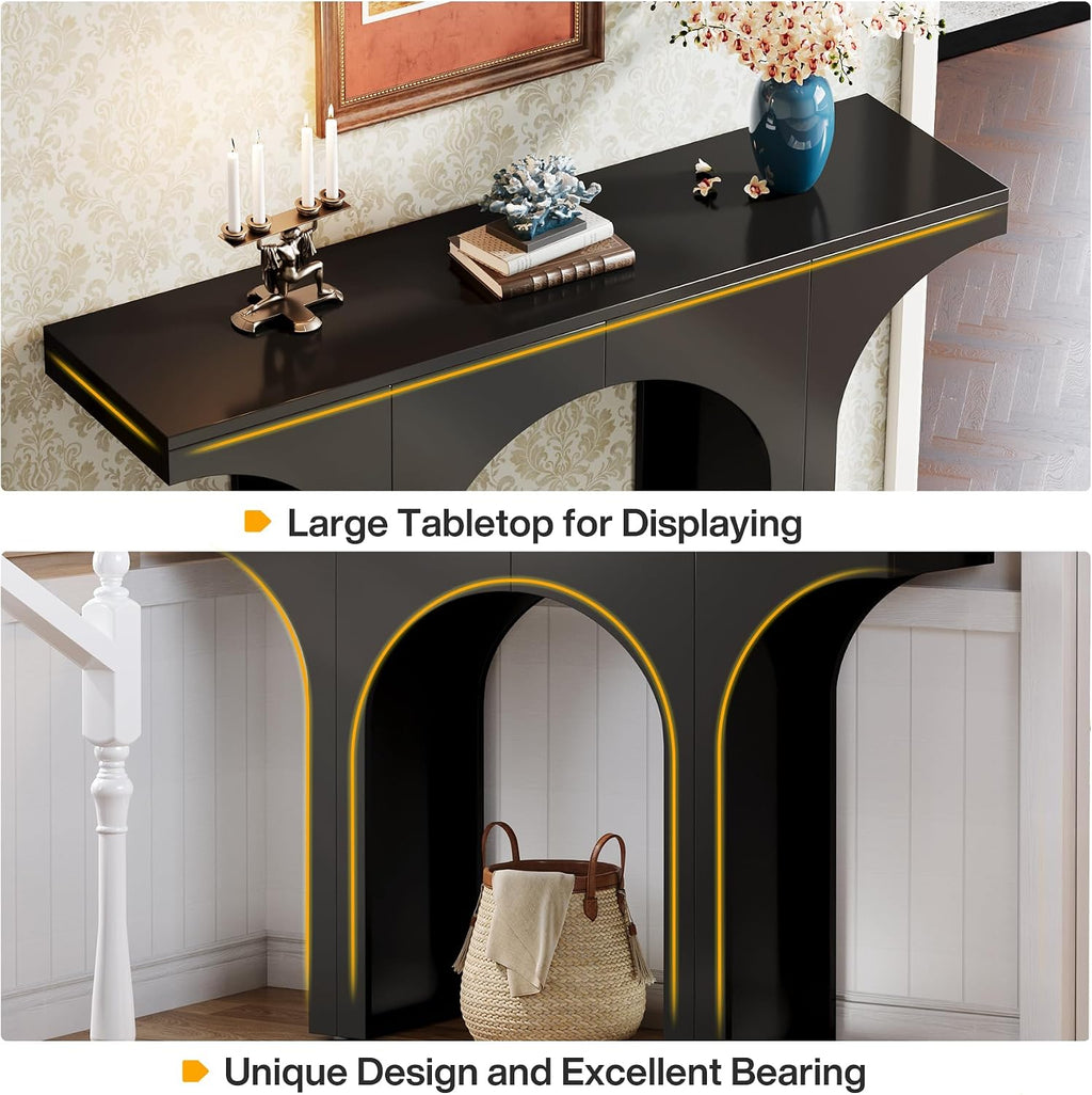 Tribesigns Black Console Table, 94-Inch Entryway Console Table, Wood Sofa Table Behind Couch with Arched Base, Narrow Hallway Table, Modern Foyer Accent Table for Entrance Living Room (Set of 2)