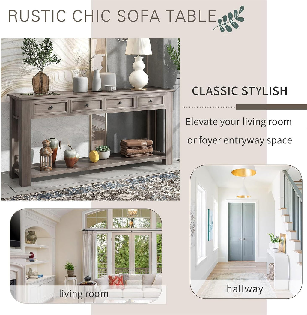 GDFStudio Farmhouse Console Table with 4 Drawer 63' Long Rustic Entryway Table with Open Storage Shelves Vintage Metal Handle Narrow Foyer Sofa Tables for Living Room Entryway Hallway, Gray Wash