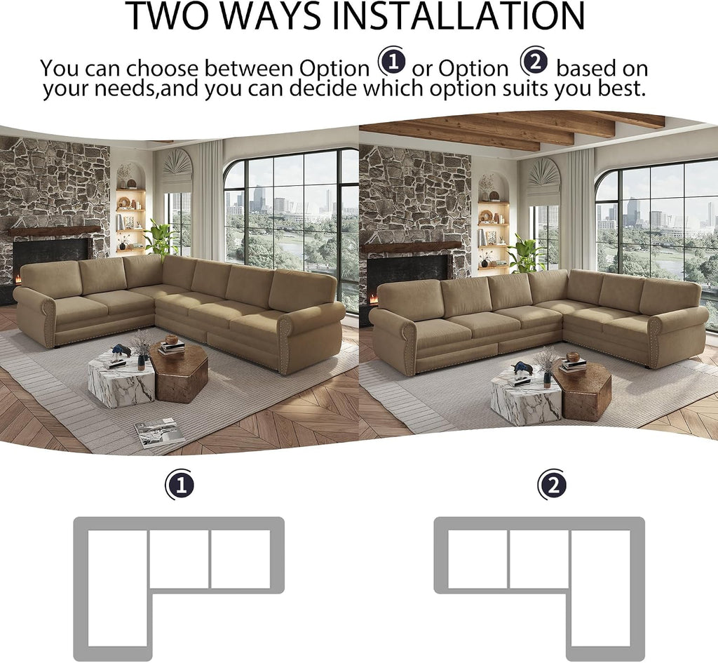 118'' Sleeper Sofa Bed, Convertible Pull Out Couch, Upholstered Sectional Sofa, Chenille L-Shaped Couch with Nailhead Trim, Modern Sectional Couches for Living Room, Apartment, Camel