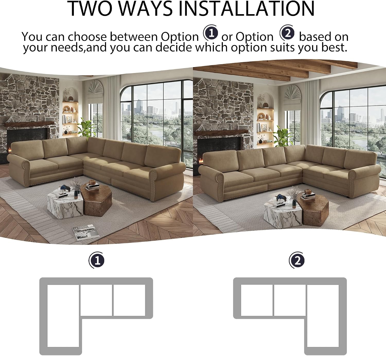 118'' Sleeper Sofa Bed, Convertible Pull Out Couch, Upholstered Sectional Sofa, Chenille L-Shaped Couch with Nailhead Trim, Modern Sectional Couches for Living Room, Apartment, Camel