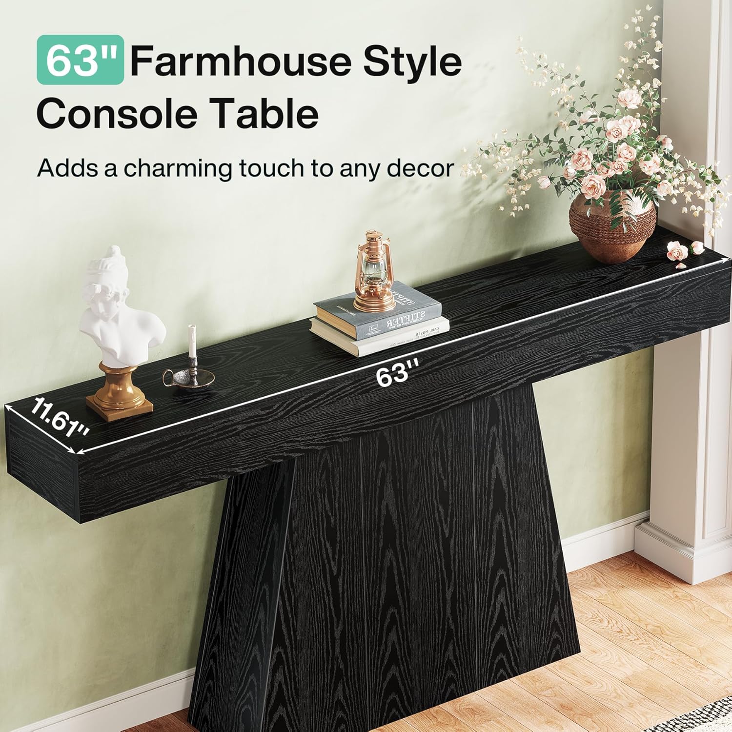 Tribesigns 63' Black Console Table, Farmhouse Entryway Table with Trapezoidal Base, Narrow Long Wood Sofa Table Behind Couch Table for Entrance, Hallway, Living Room, Black