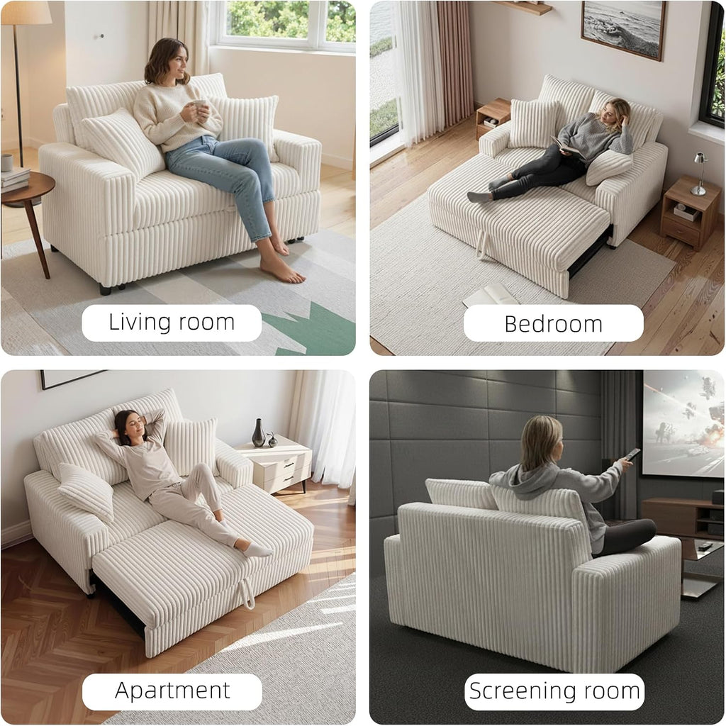 3 in 1 Convertible Sofa Bed，52.8' Pull Out Couch with Side Pockets，Modern Corduroy Fabric Loveseat Sleeper Sofa with Adjustable Backrest for Living Room Bedroom Apartment (Beige Corduroy)