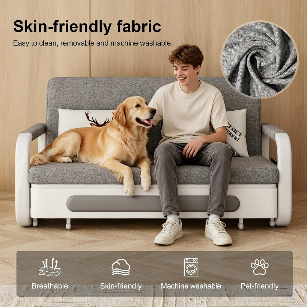 Pull-Out Sofa Daybed with Trundle - Versatile Futon Sleeper Couch for Living Room and Small Spaces (34.6'' D x 50.3'' W x 34.2'' H)- Gray/White Sofa Bed