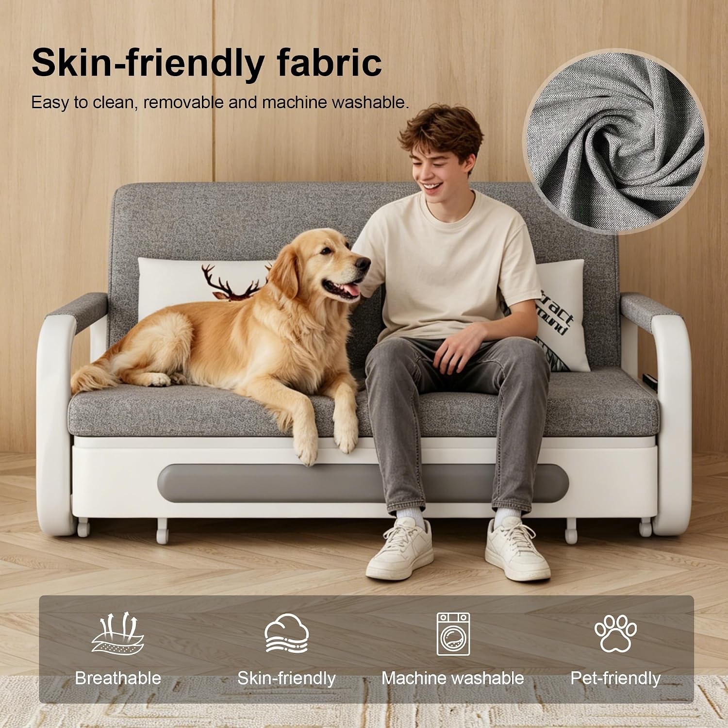 Pull-Out Sofa Daybed with Trundle - Versatile Futon Sleeper Couch for Living Room and Small Spaces (34.6' D x 62.2' W x 34.2' H) - Gray/White Sofa Bed