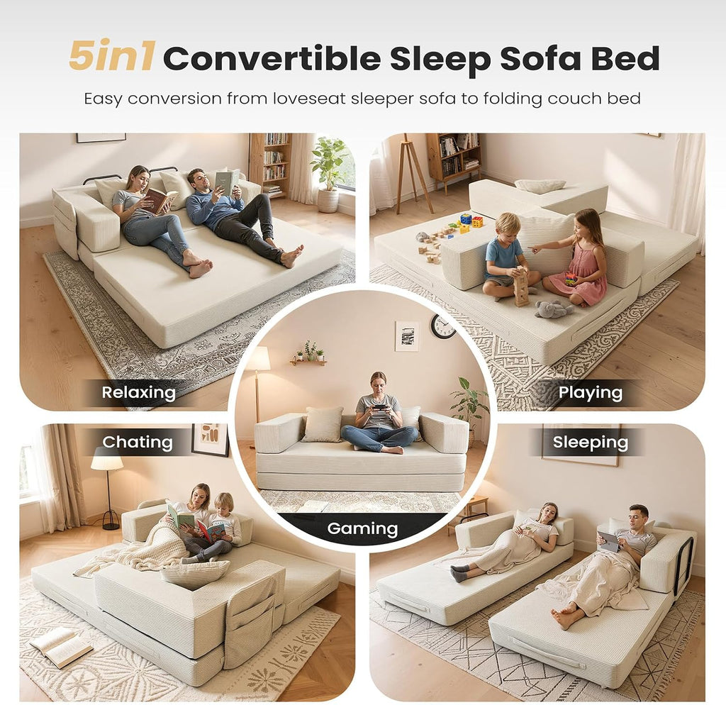 5‑in‑1 Futon Sofa Bed Queen – Floor Foldable Convertible Sofa Couch with L‑Shaped Armrests, Removable Cover, White Convertible Guest Bed | Space‑Saving Fold‑Out Mattress Lounge for Living Room/Bedroom