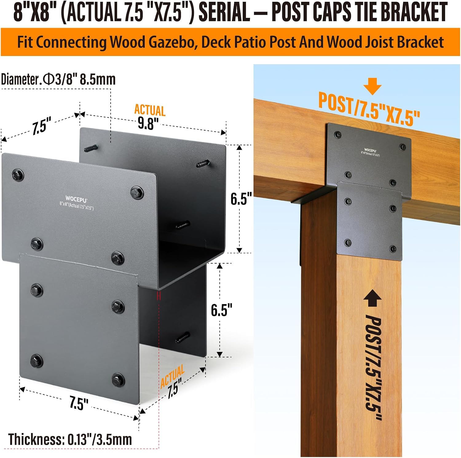 3 Pack Heavy Duty 8x8 (Actual 7.5'x7.5') Stainless Steel Post Caps Tie Bracket , Fit Connecting Wood Gazebo, Deck Patio Post and Wood Beams Bracket ( Dark Ggray)