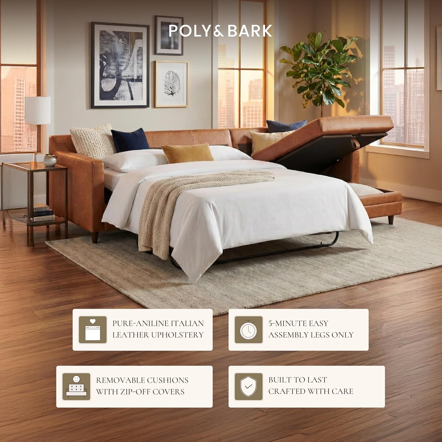 Poly & BARK Harper Right-Facing Leather Sleeper Sectional Sofa Cognac Tan– Full-Grain Aniline Leather, Sculptural Silhouette, Walnut-Finished Legs – Modern Statement Sofa for Living Spaces