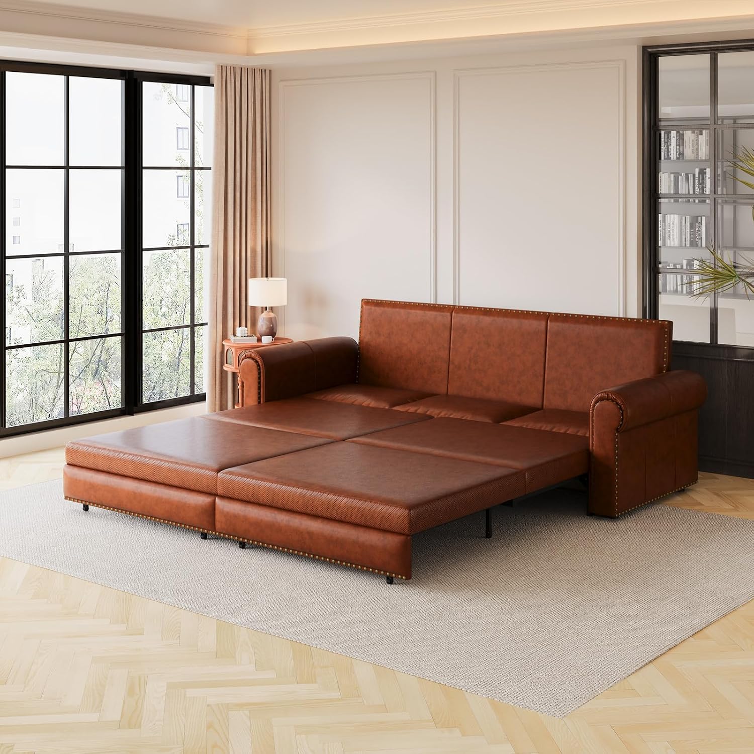 Faux Leather Sleeper Sofa Couch with Pullout Bed, 93.7' King Size Sleeper Sofa Bed, 3 in 1 Convertible Sofa Bed with Nailhead Trim & Rolled Arm for Living Room Bedroom Office (Light Brown)