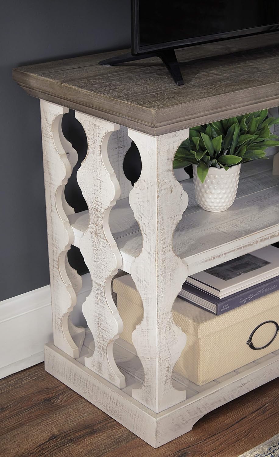 Signature Design by Ashley Havalance Farmhouse Console Sofa Table, Fixed Shelf, Pine Wood, 45.5' W x 17.25' D x 27.88' H, Distressed Finish, Gray & White