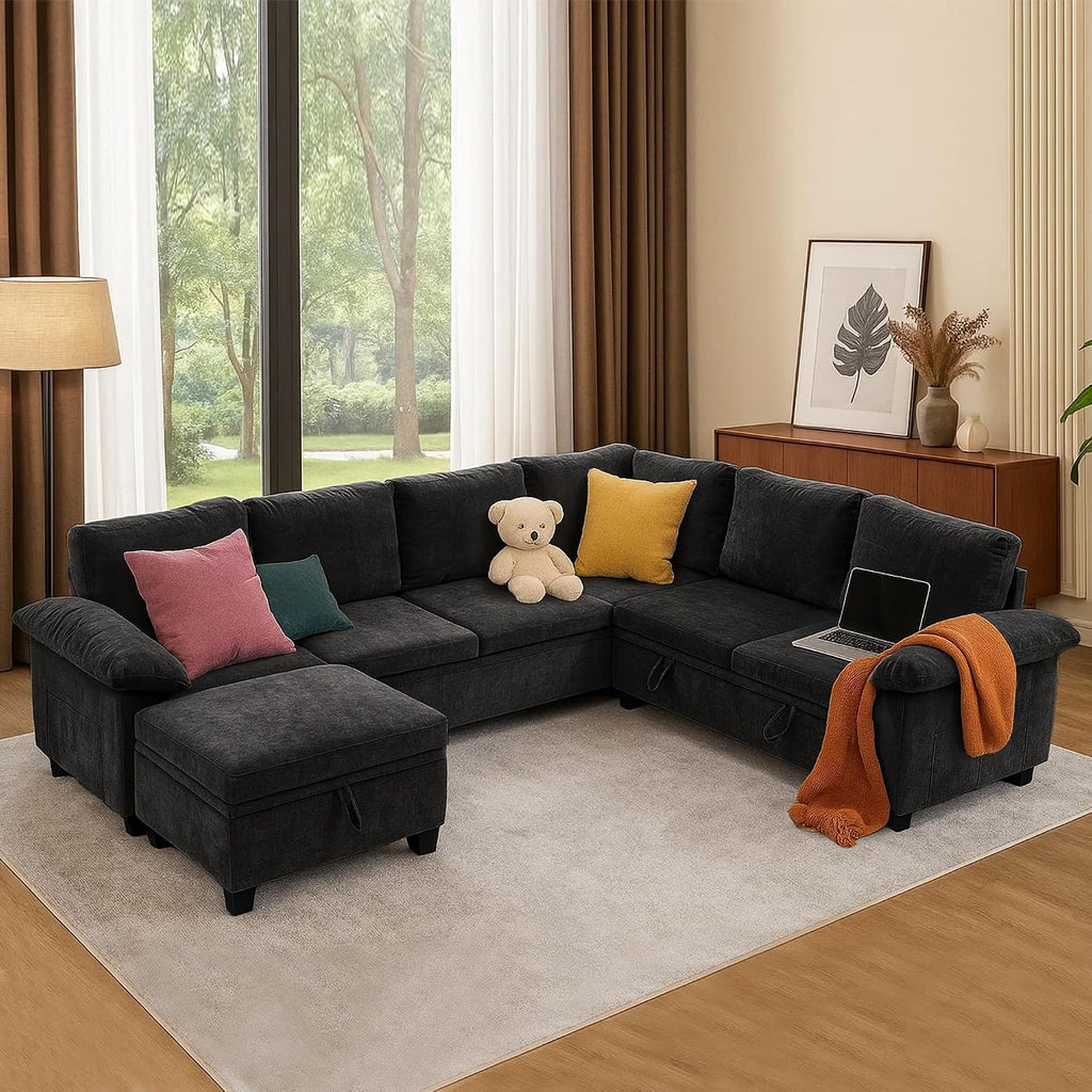Modular Sectional Sofa Sectional Couches for Living Room with Pull Out Bed Sleeper Sofa L Shaped with Storage, Convertible Sofa Bed with Removable Sofa Cover(7 Seats Black)