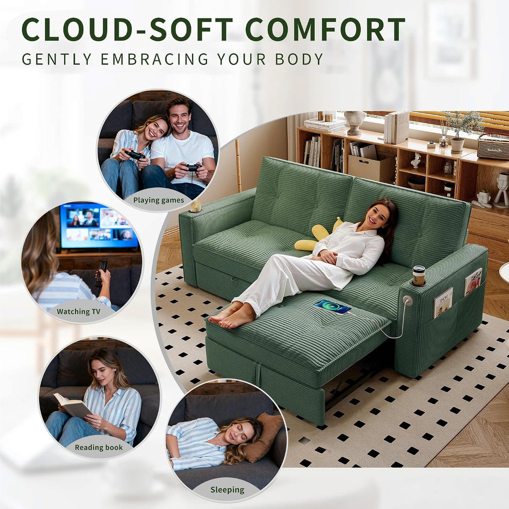 73' Queen Size Sofa Bed, Loveseat Sleeper Sofa with Pull Out Bed, Pockets and USB, Modern 2 Seater Convertible Small Couch for Living Room Bedroom Apartment (Green, Corduroy)