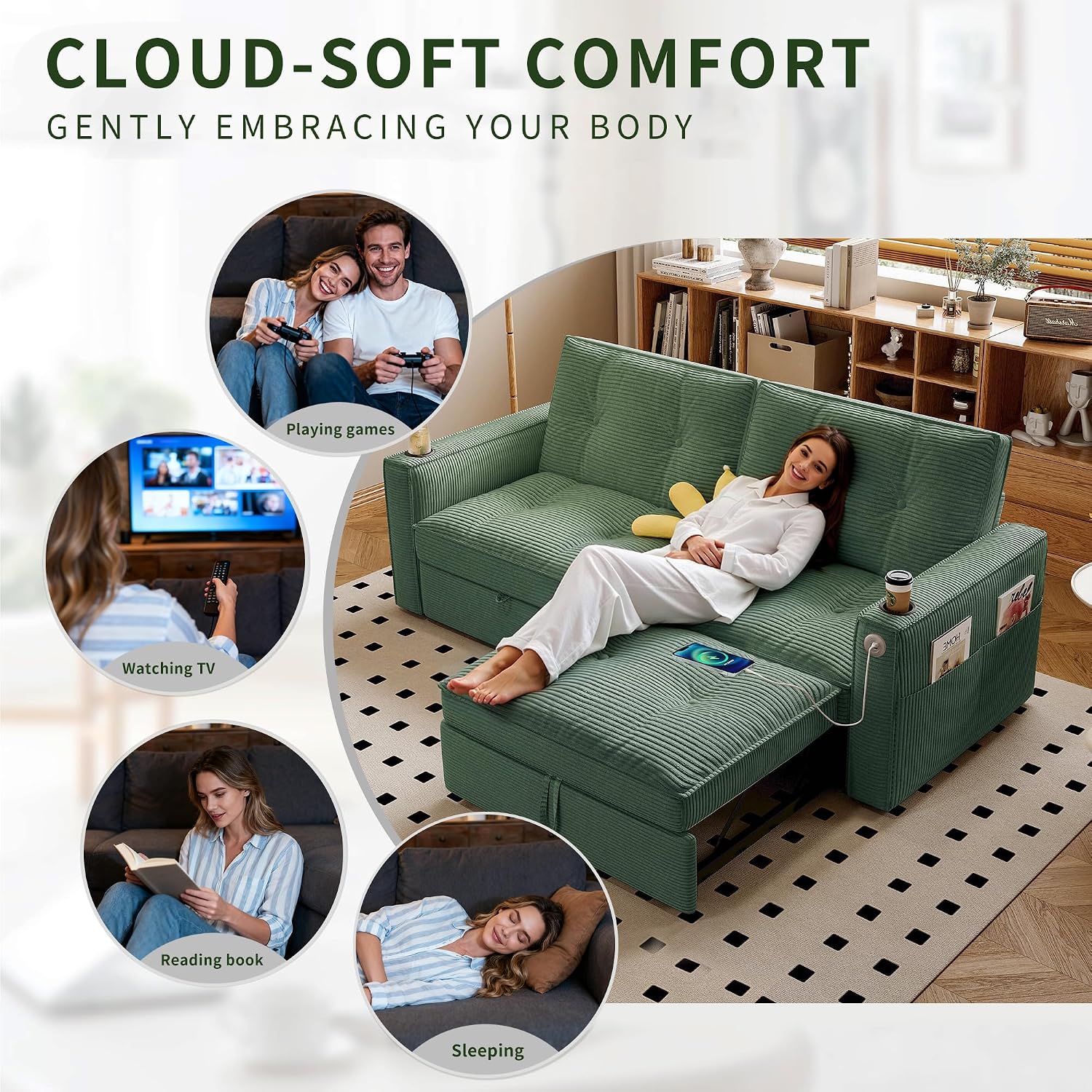 73' Queen Size Sofa Bed, Loveseat Sleeper Sofa with Pull Out Bed, Pockets and USB, Modern 2 Seater Convertible Small Couch for Living Room Bedroom Apartment (Green, Corduroy)